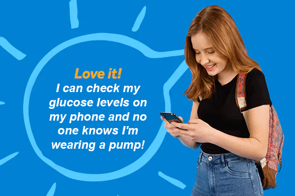 MiniMed™ Mobile app for the MiniMed™ 770G system Image of a teenage girl checking her sugar levels on her smartphone
